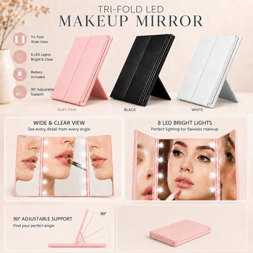 Tri fold led travel mirror - 8,